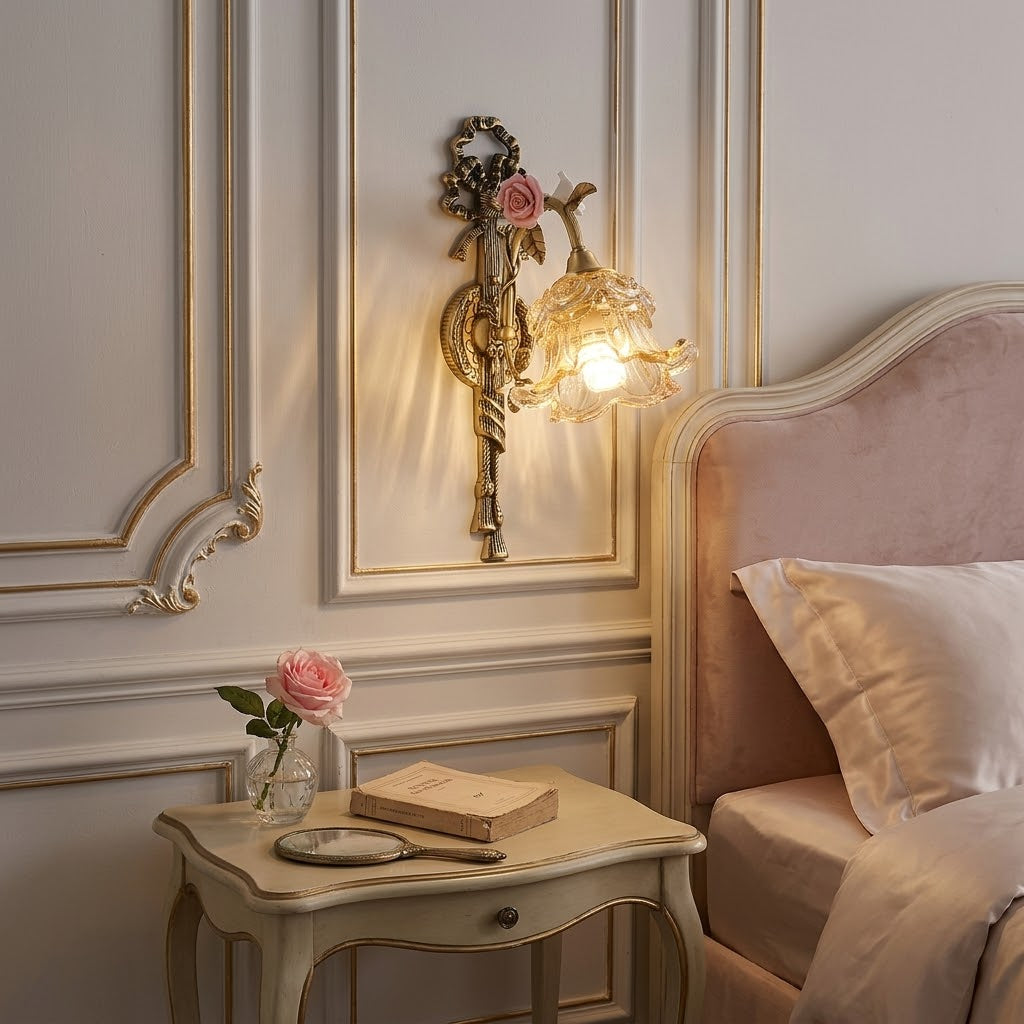 Margaux Fleur Wall Lamp - Brass & Glass Sconce with Ceramic Flower Accent