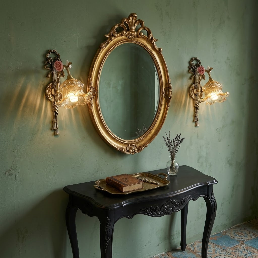 Margaux Fleur Wall Lamp - Brass & Glass Sconce with Ceramic Flower Accent