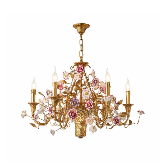 Marguerite Flowers Chandelier - French Provincial Brass & Ceramic Floral Pendant