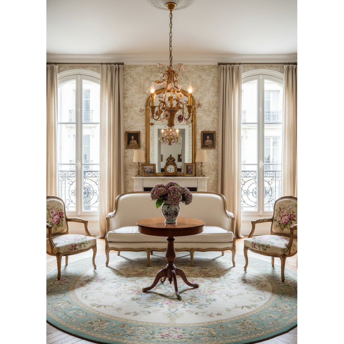Marguerite Flowers Chandelier - French Provincial Brass & Ceramic Floral Pendant