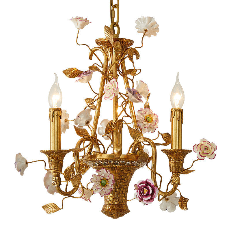 Marguerite Flowers Chandelier - French Provincial Brass & Ceramic Floral Pendant