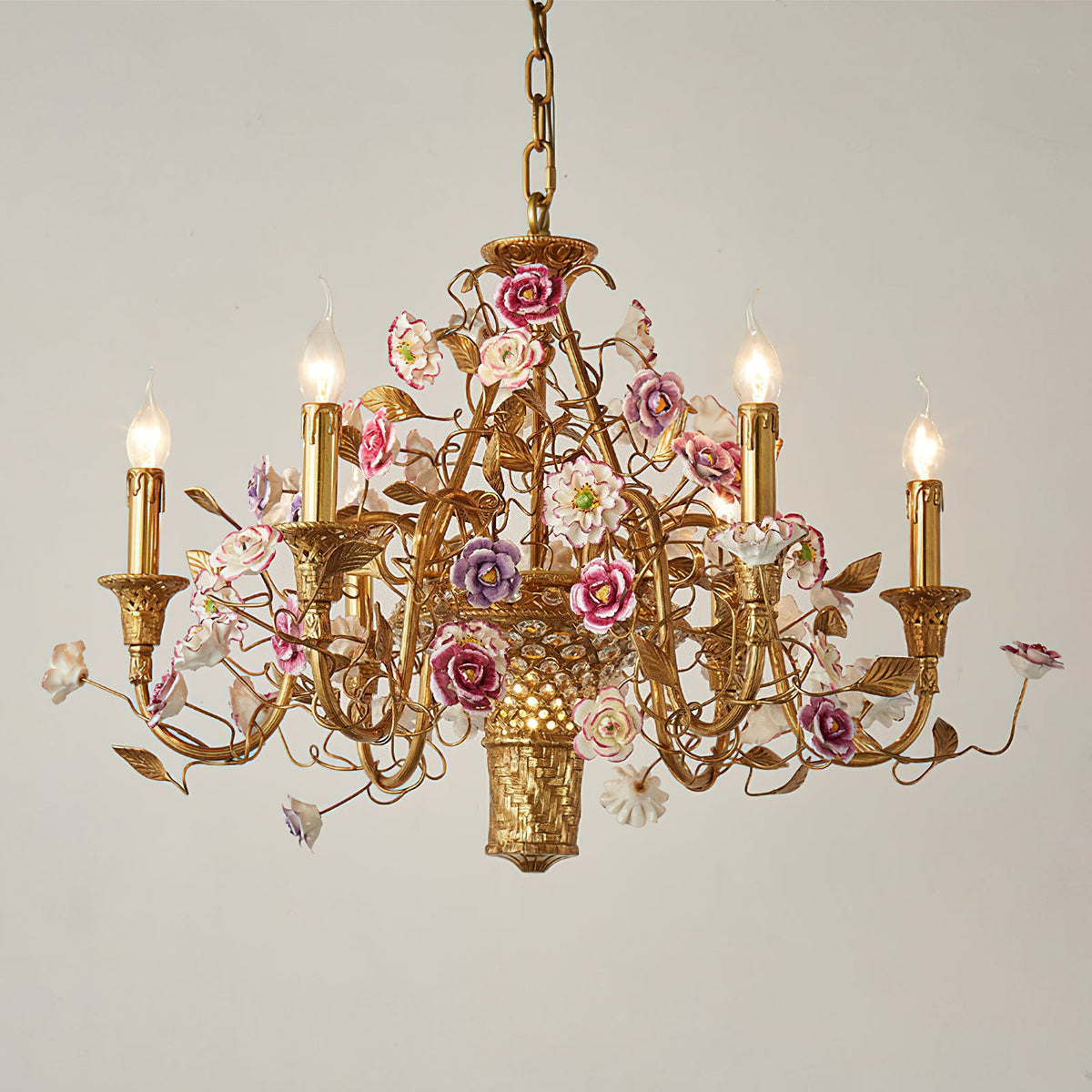 Marguerite Flowers Chandelier - French Provincial Brass & Ceramic Floral Pendant
