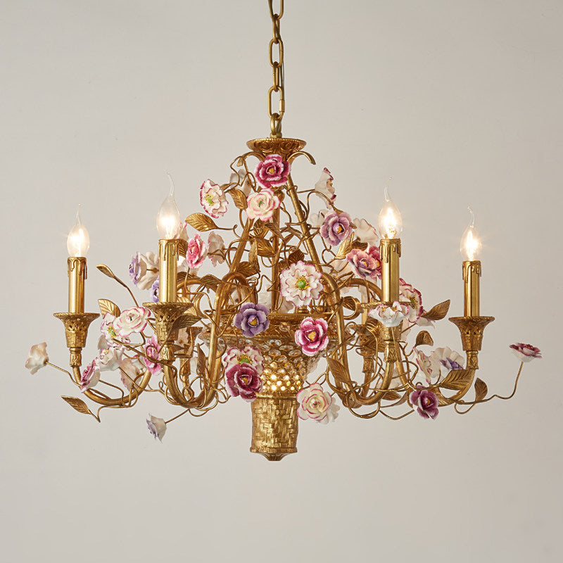 Marguerite Flowers Chandelier - French Provincial Brass & Ceramic Floral Pendant