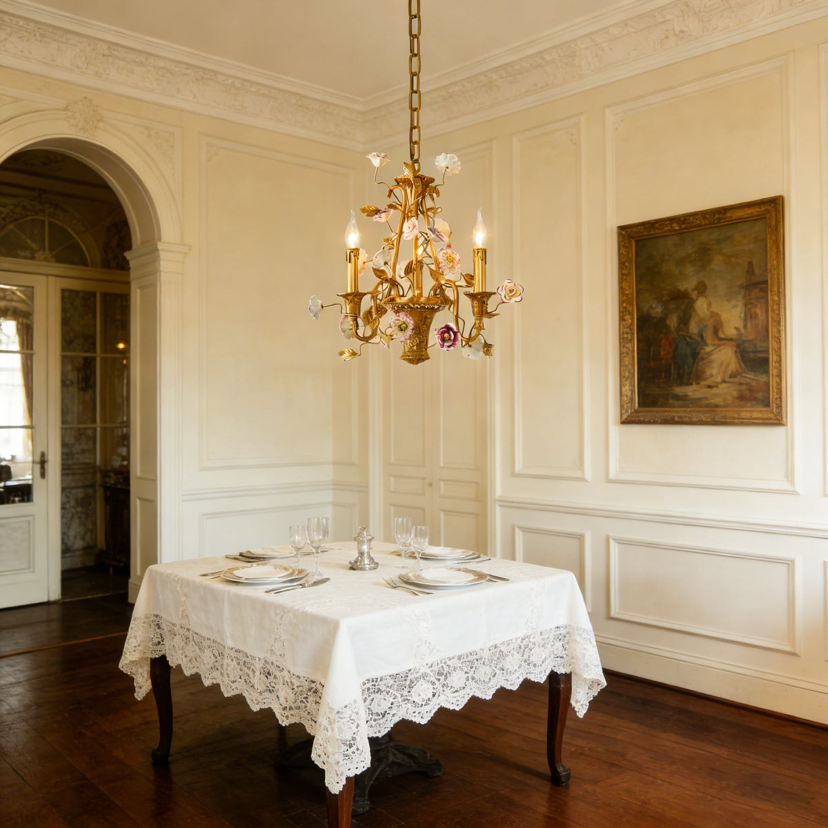 Marguerite Flowers Chandelier - French Provincial Brass & Ceramic Floral Pendant