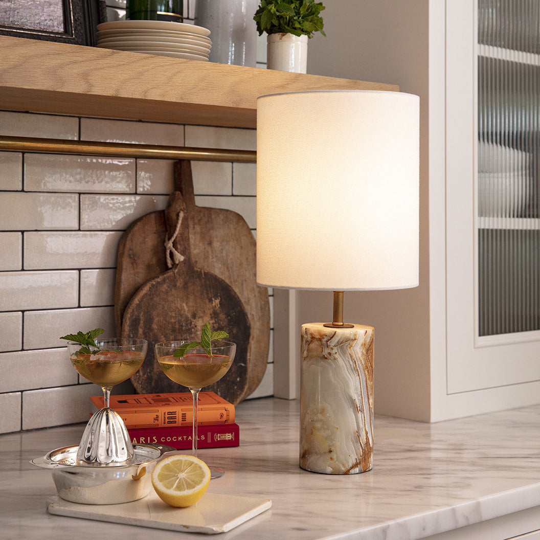 Maricopa Stone Table Lamp - Solid Natural Jade Stone & Linen Drum Light