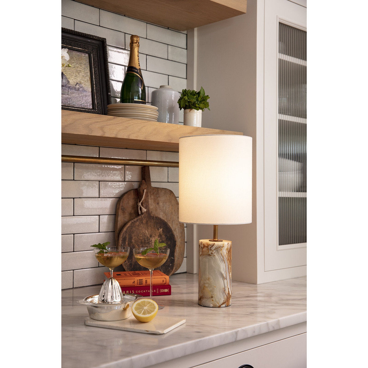 Maricopa Stone Table Lamp - Solid Natural Jade Stone & Linen Drum Light