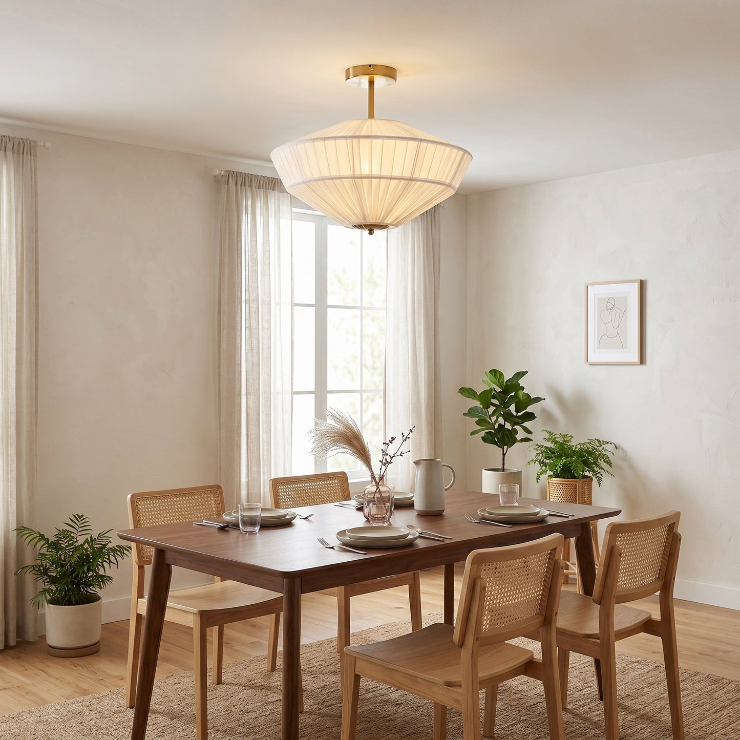 Stefanie Pleated Ceiling Lamp - Ivory White Fabric Flush Mount Light | Gold Accord Modern Ceiling Lamp