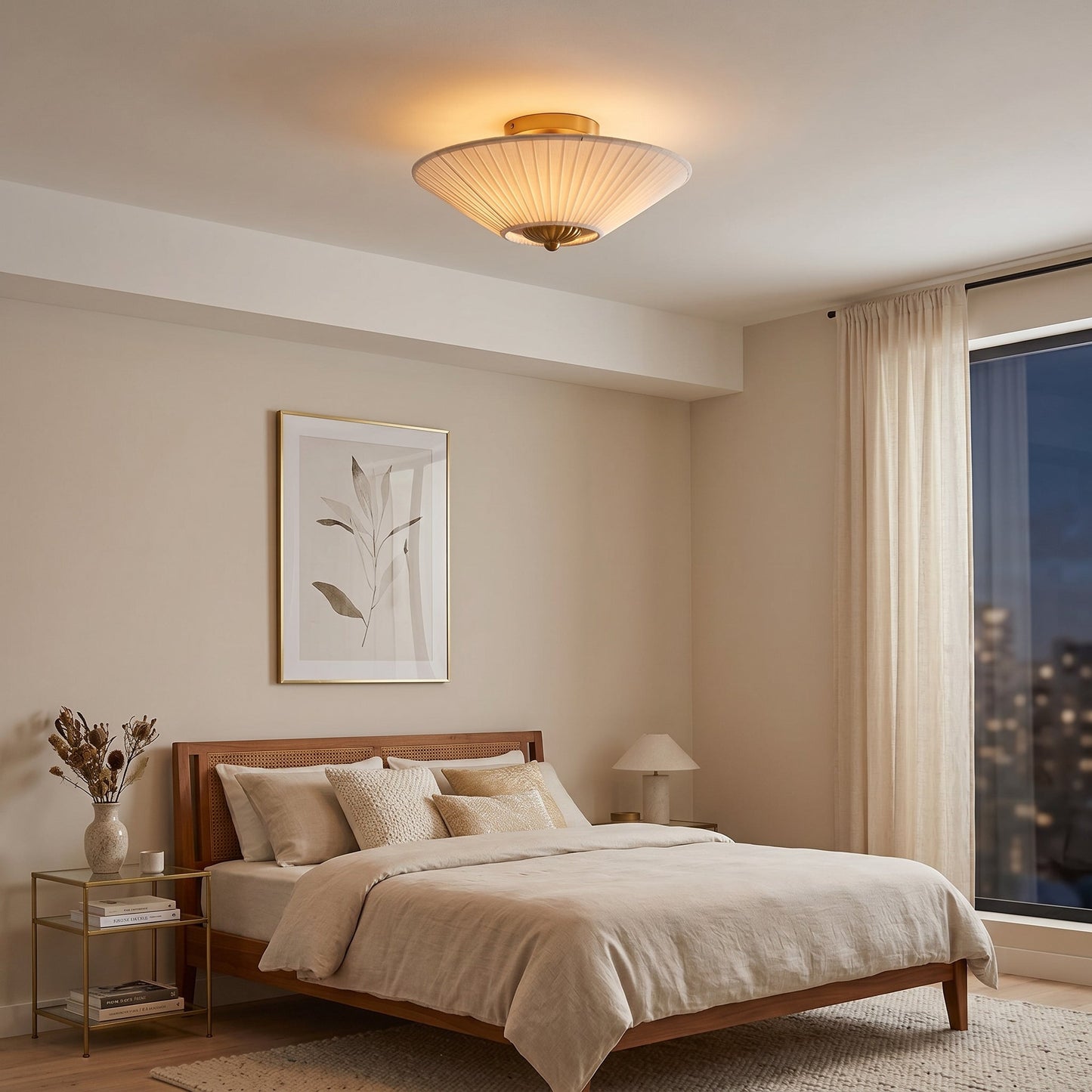 Stefanie Pleated Ceiling Lamp - Ivory White Fabric Flush Mount Light | Gold Accord Modern Ceiling Lamp