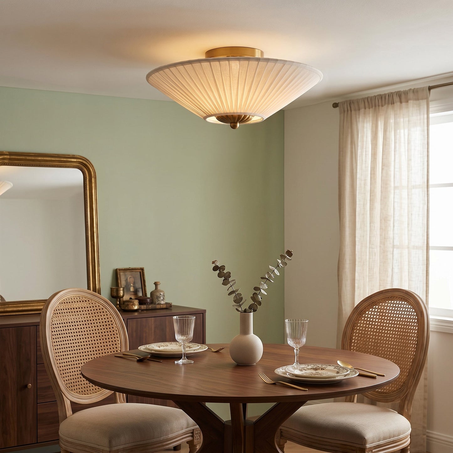 Stefanie Pleated Ceiling Lamp - Ivory White Fabric Flush Mount Light | Gold Accord Modern Ceiling Lamp