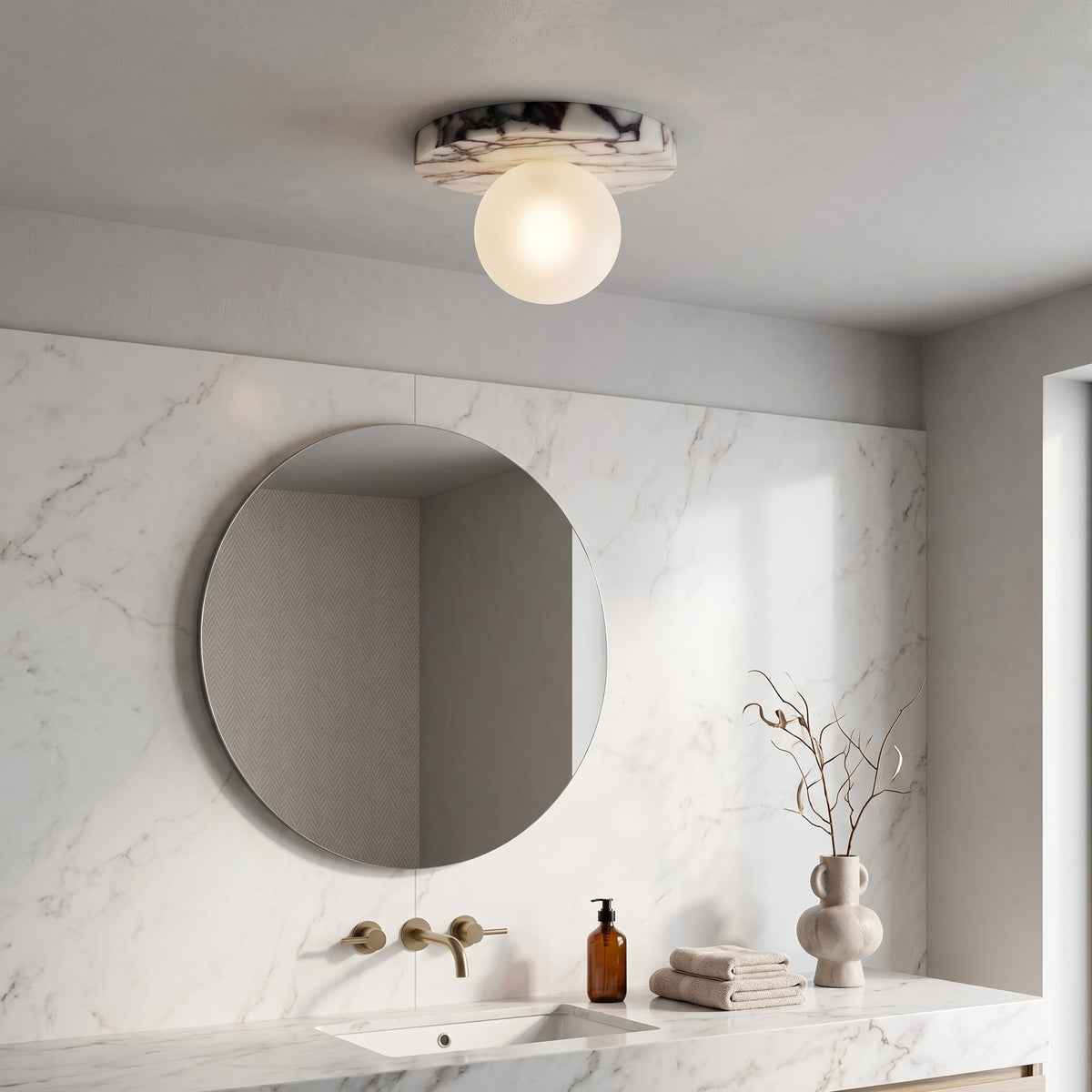 Lucie Flushmount Sconce - Natural Marble & Travertine Disc Wall Light