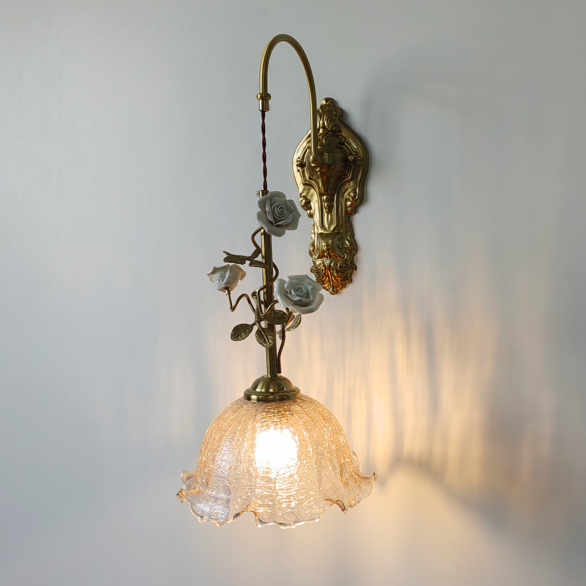 Marilee Wall Lamp - Brass & Glass Sconce with Ceramic Flower Accents