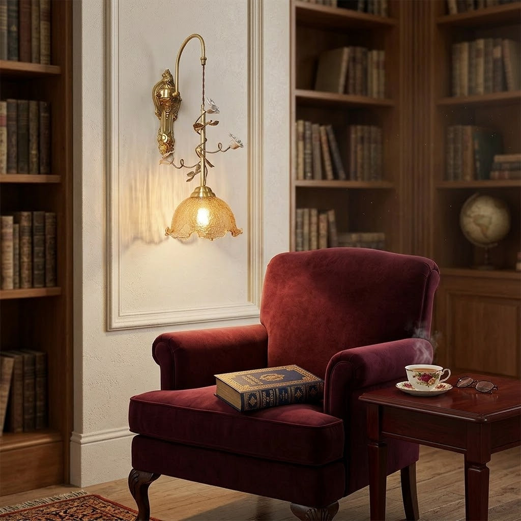Marilee Wall Lamp - Brass & Glass Sconce with Ceramic Flower Accents