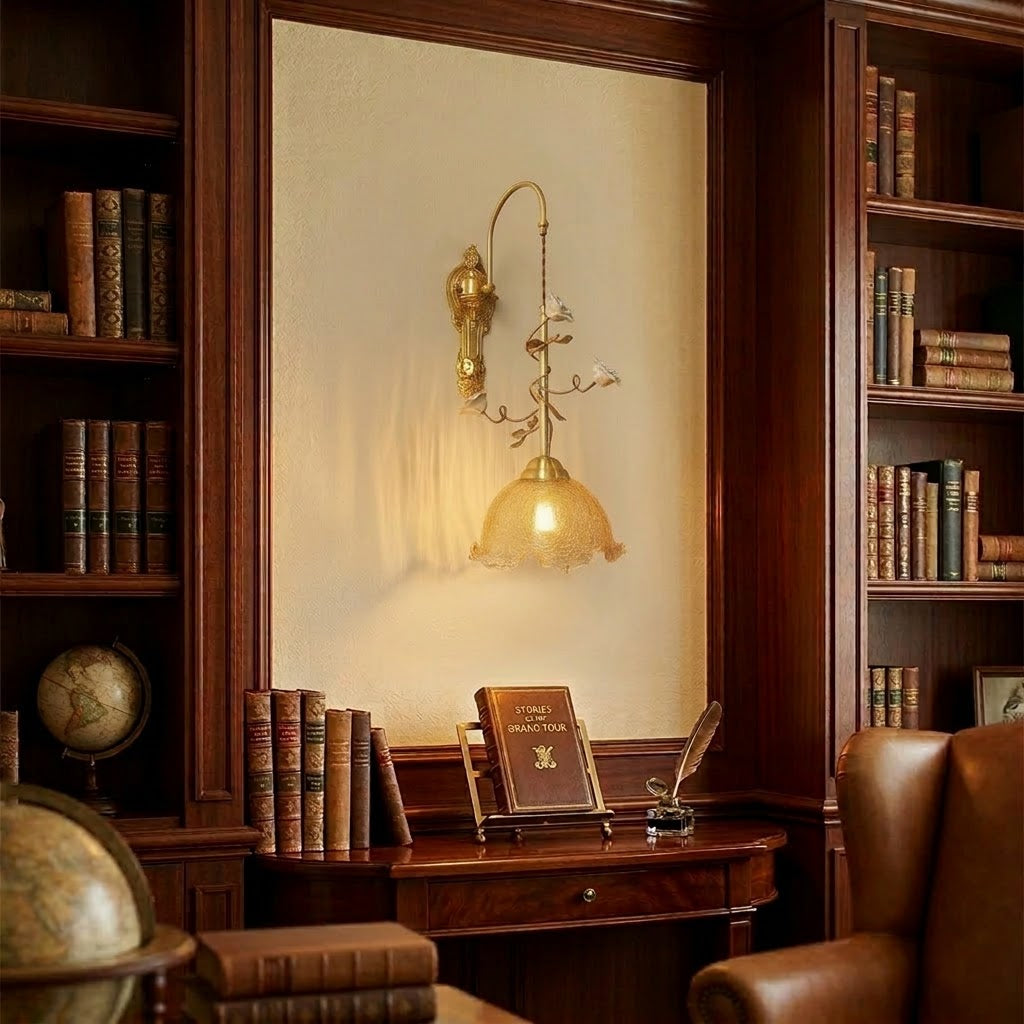 Marilee Wall Lamp - Brass & Glass Sconce with Ceramic Flower Accents
