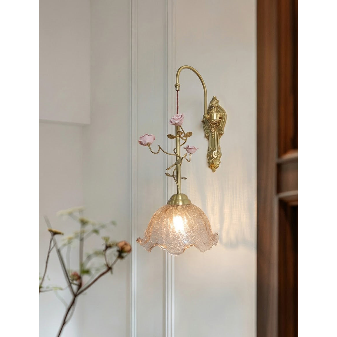 Marilee Wall Lamp - Brass & Glass Sconce with Ceramic Flower Accents