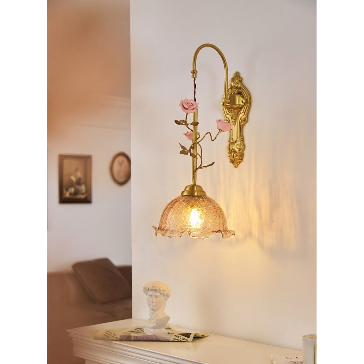Marilee Wall Lamp - Brass & Glass Sconce with Ceramic Flower Accents