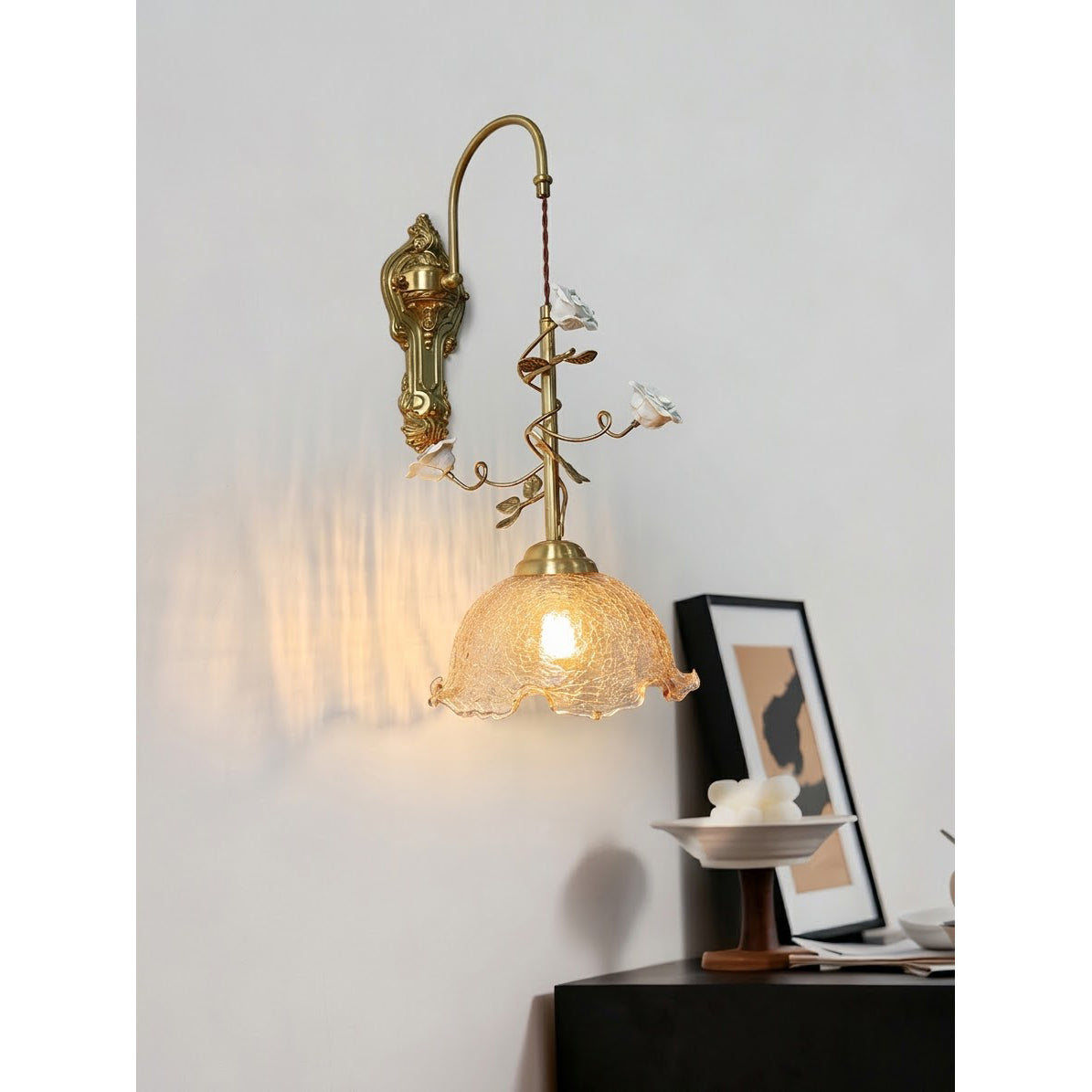 Marilee Wall Lamp - Brass & Glass Sconce with Ceramic Flower Accents