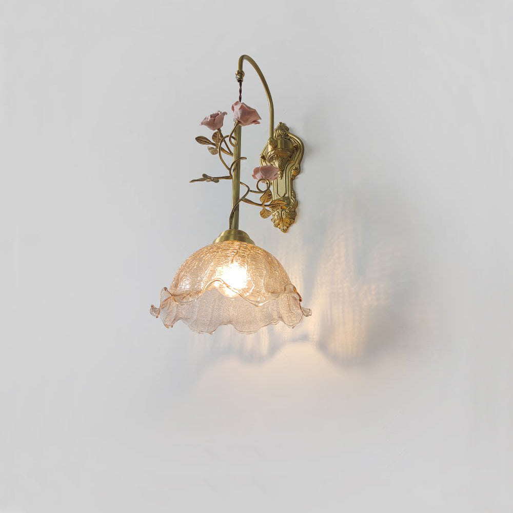 Marilee Wall Lamp - Brass & Glass Sconce with Ceramic Flower Accents