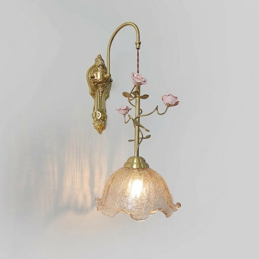 Marilee Wall Lamp - Brass & Glass Sconce with Ceramic Flower Accents