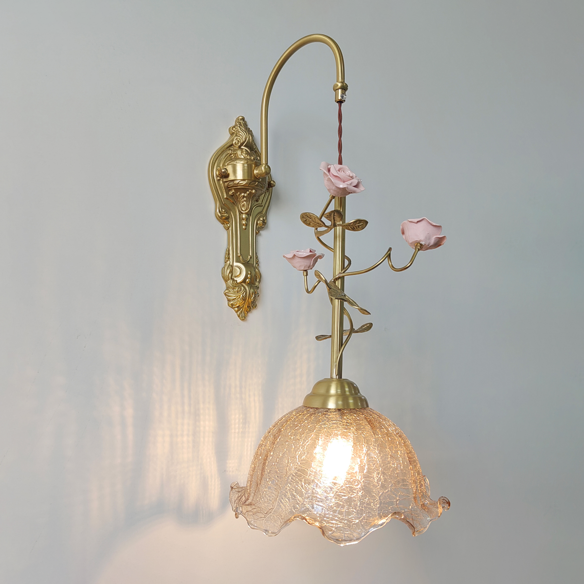 Marilee Wall Lamp - Brass & Glass Sconce with Ceramic Flower Accents