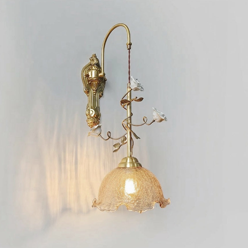 Marilee Wall Lamp - Brass & Glass Sconce with Ceramic Flower Accents