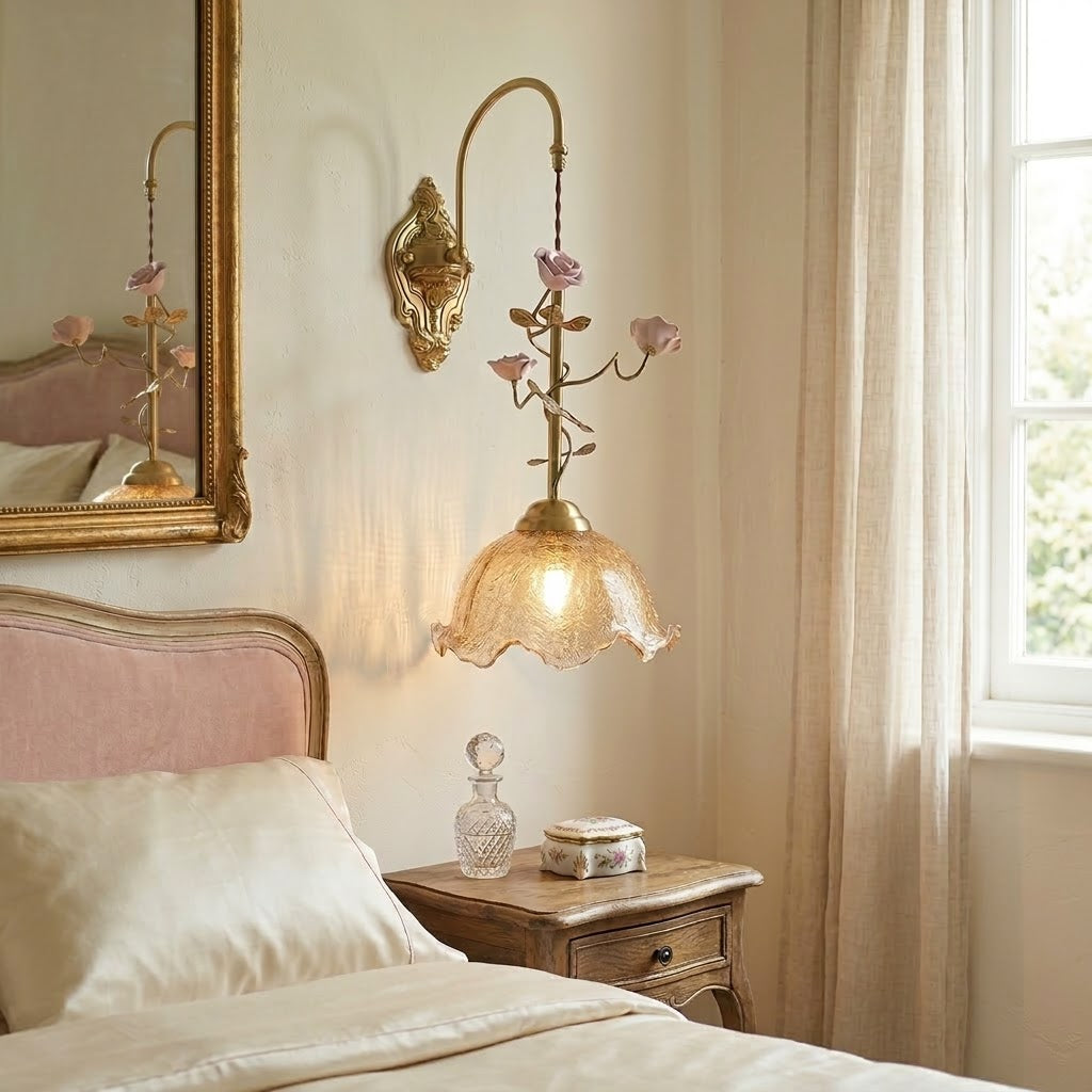 Marilee Wall Lamp - Brass & Glass Sconce with Ceramic Flower Accents