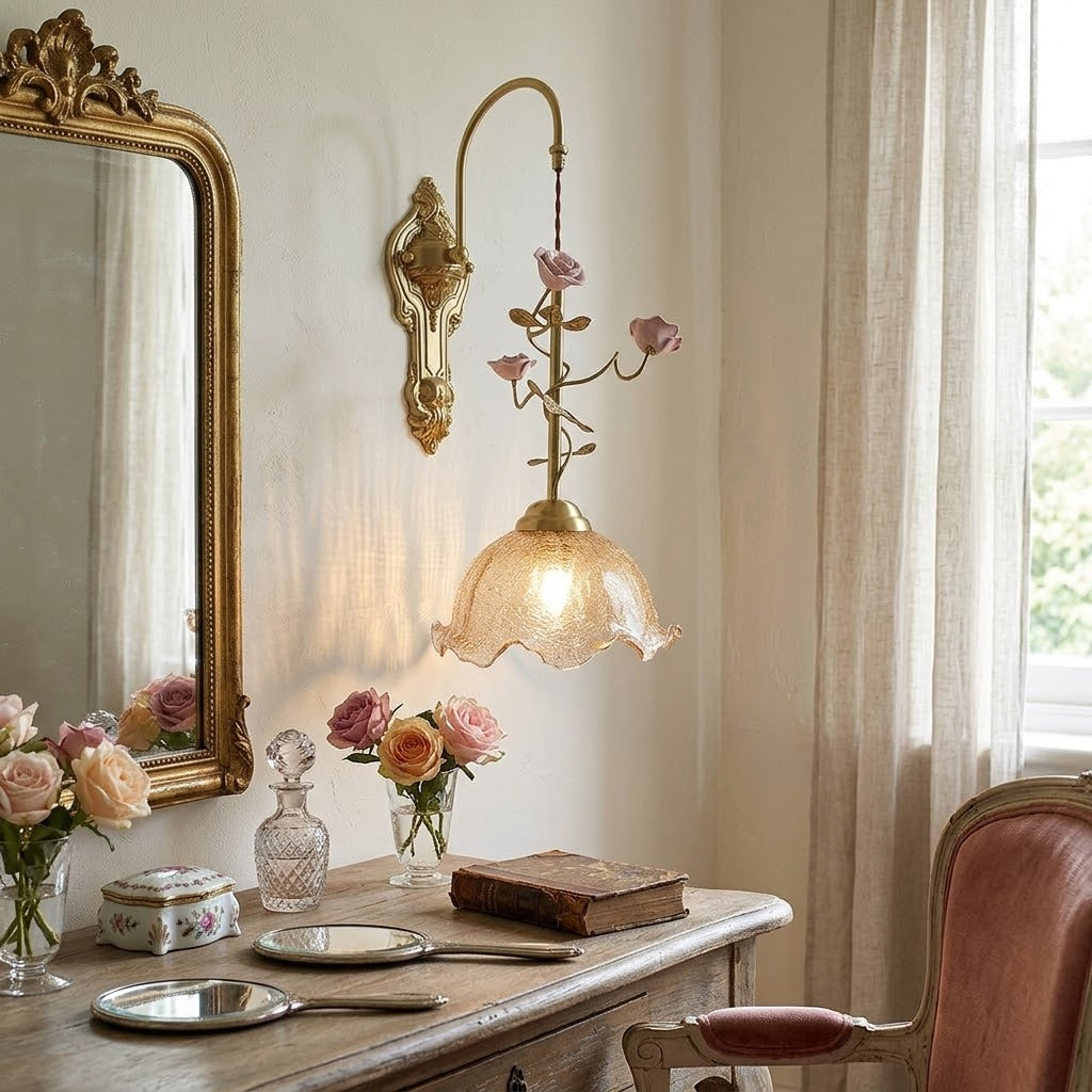Marilee Wall Lamp - Brass & Glass Sconce with Ceramic Flower Accents