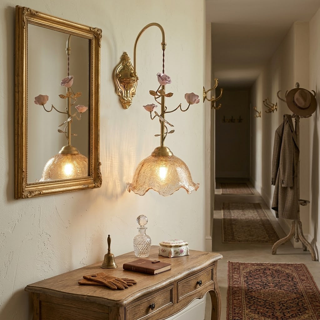 Marilee Wall Lamp - Brass & Glass Sconce with Ceramic Flower Accents