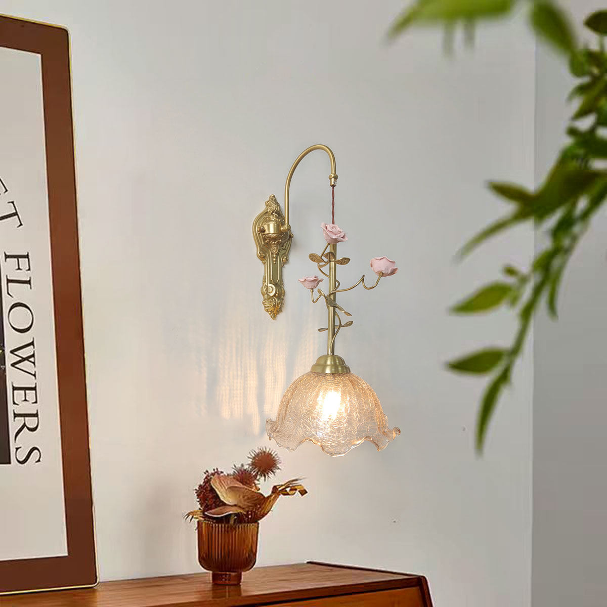 Marilee Wall Lamp - Brass & Glass Sconce with Ceramic Flower Accents