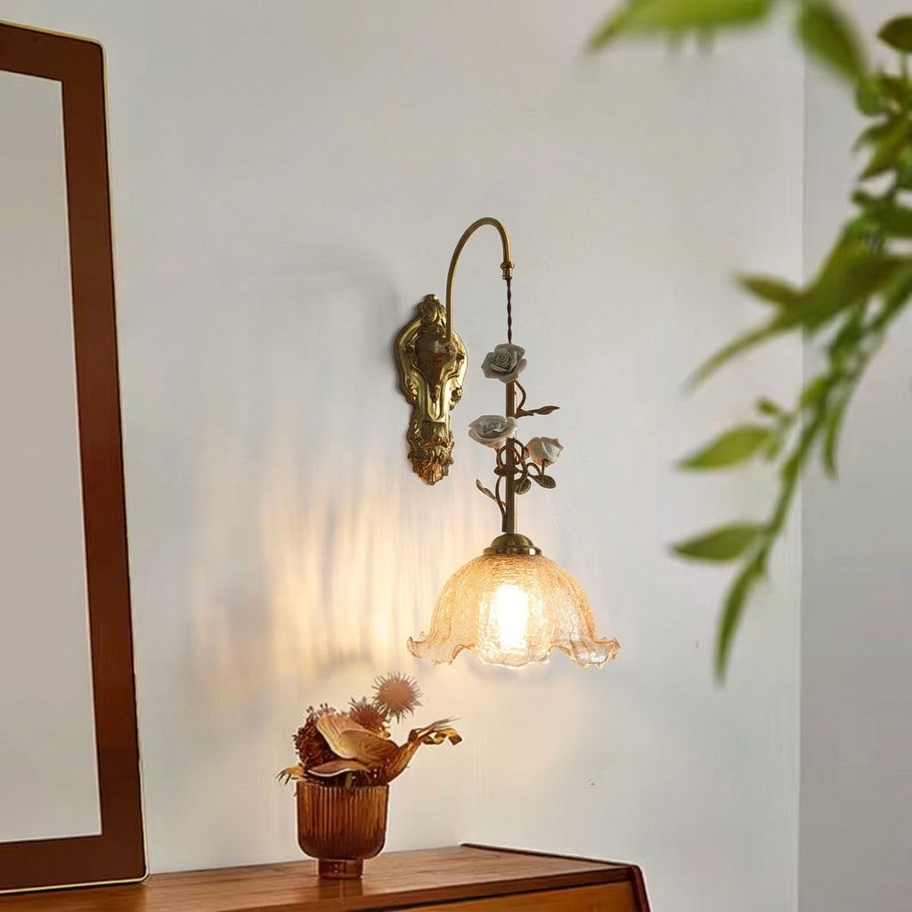 Marilee Wall Lamp - Brass & Glass Sconce with Ceramic Flower Accents