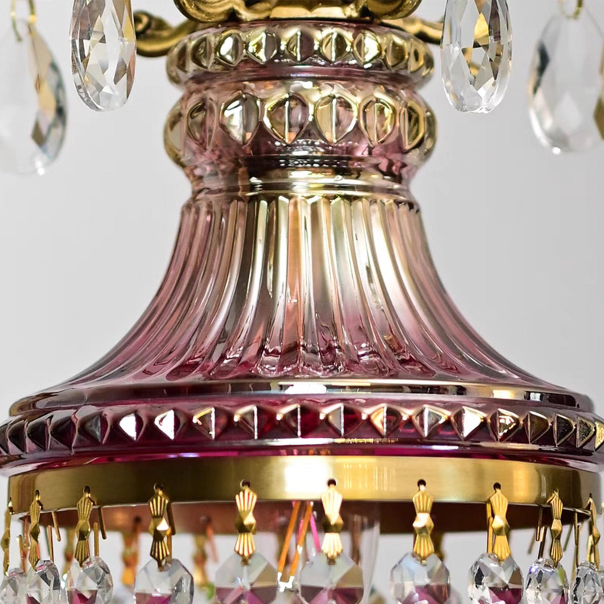 Marquise Crystal Pendant Lamp - Vintage Parisian Brass & Purplish-Red Glass Pendant