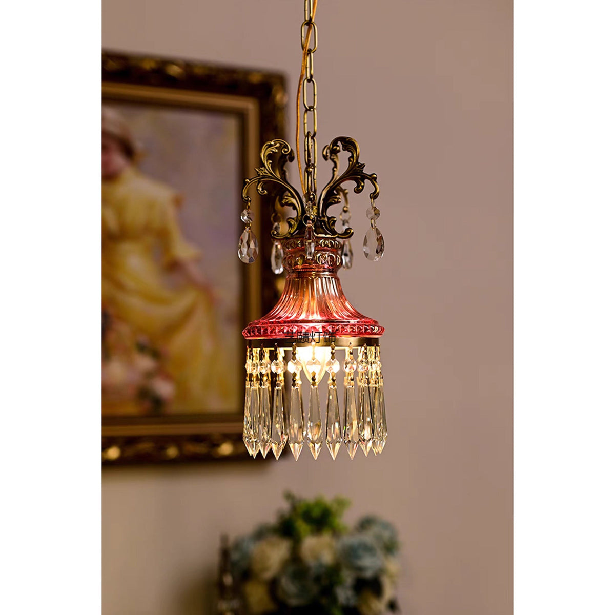 Marquise Crystal Pendant Lamp - Vintage Parisian Brass & Purplish-Red Glass Pendant