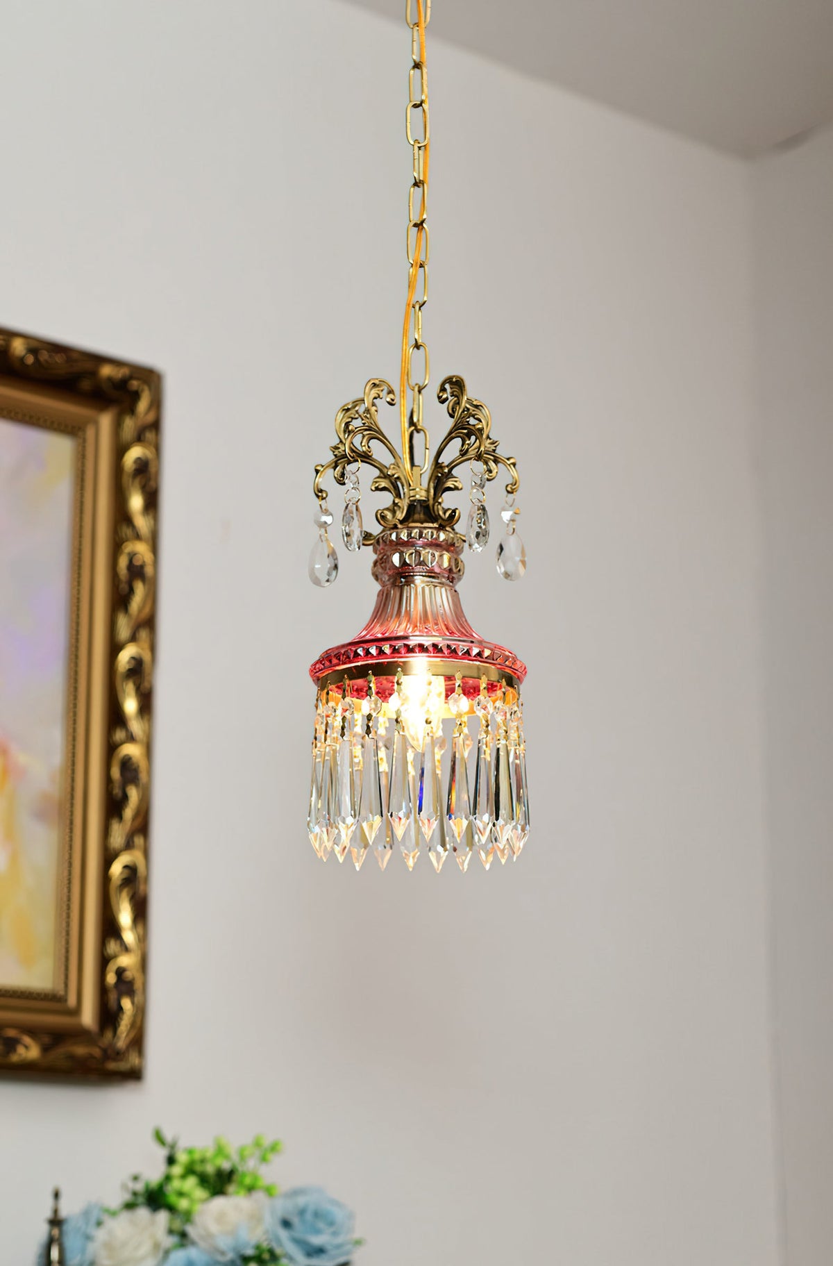 Marquise Crystal Pendant Lamp - Vintage Parisian Brass & Purplish-Red Glass Pendant