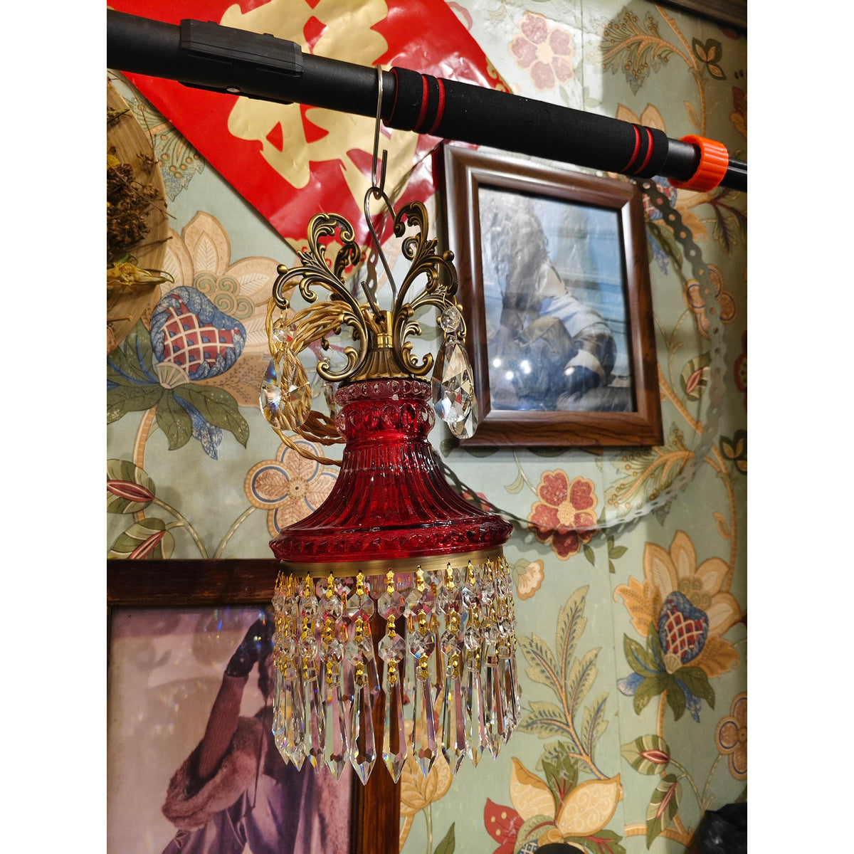 Marquise Crystal Pendant Lamp - Vintage Parisian Brass & Purplish-Red Glass Pendant