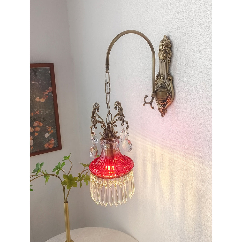 Marquise Crystal Wall Lamp - Vintage Parisian Brass & Ruby Glass Sconce