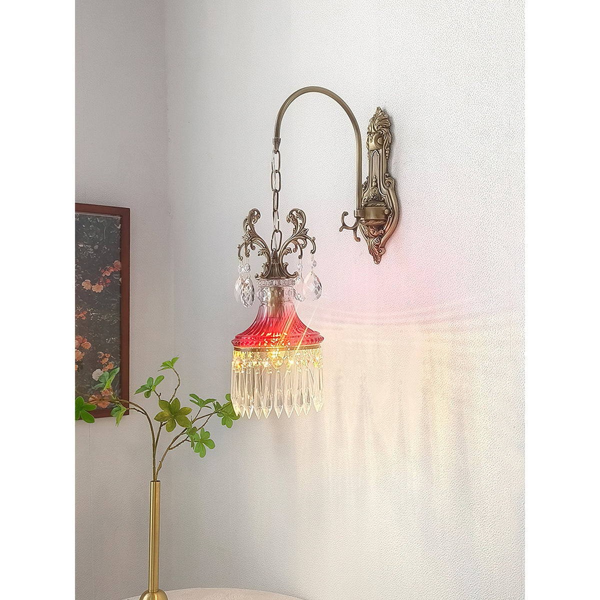 Marquise Crystal Wall Lamp - Vintage Parisian Brass & Ruby Glass Sconce