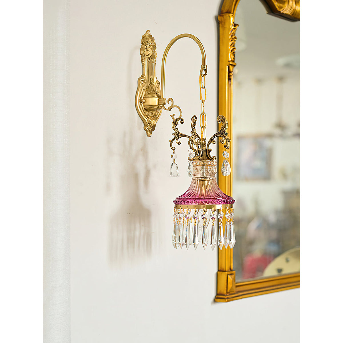 Marquise Crystal Wall Lamp - Vintage Parisian Brass & Ruby Glass Sconce