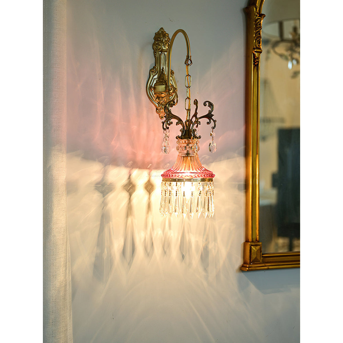 Marquise Crystal Wall Lamp - Vintage Parisian Brass & Ruby Glass Sconce