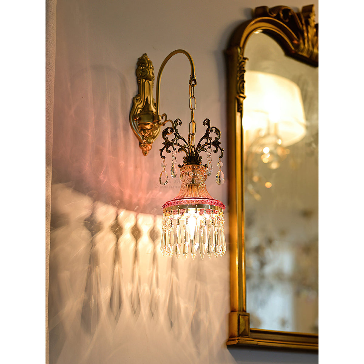 Marquise Crystal Wall Lamp - Vintage Parisian Brass & Ruby Glass Sconce