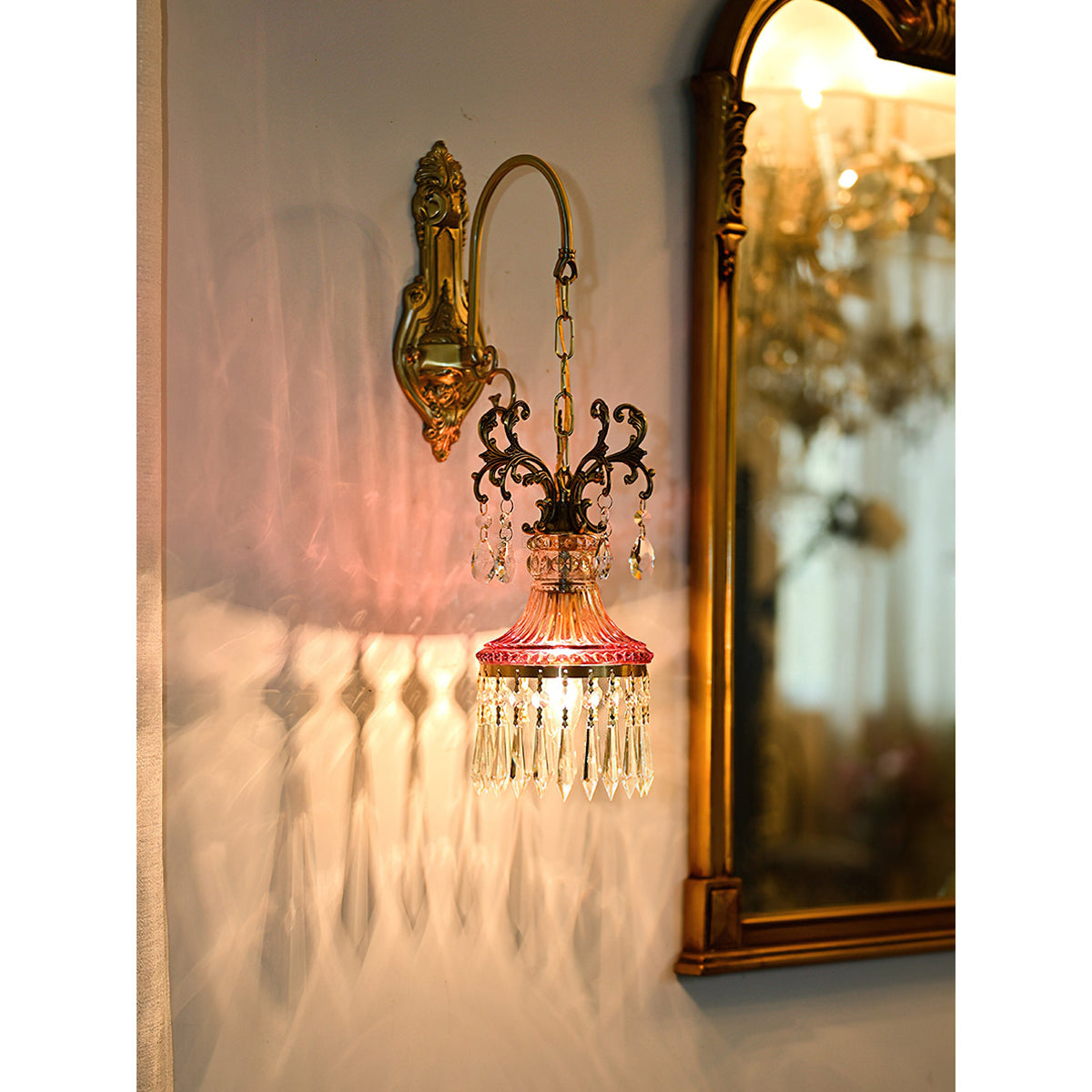 Marquise Crystal Wall Lamp - Vintage Parisian Brass & Ruby Glass Sconce