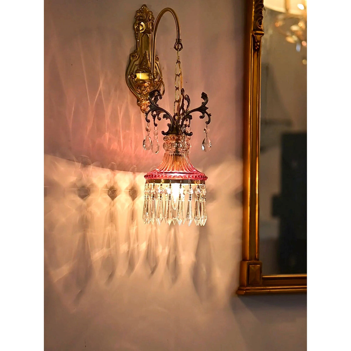 Marquise Crystal Wall Lamp - Vintage Parisian Brass & Ruby Glass Sconce