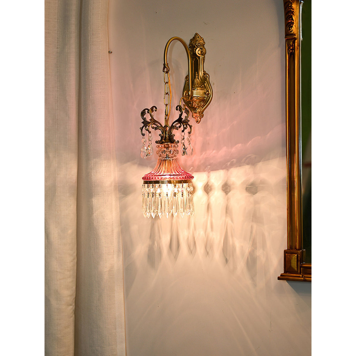 Marquise Crystal Wall Lamp - Vintage Parisian Brass & Ruby Glass Sconce