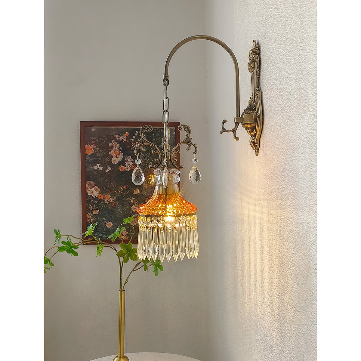Marquise Crystal Wall Lamp - Vintage Parisian Brass & Ruby Glass Sconce