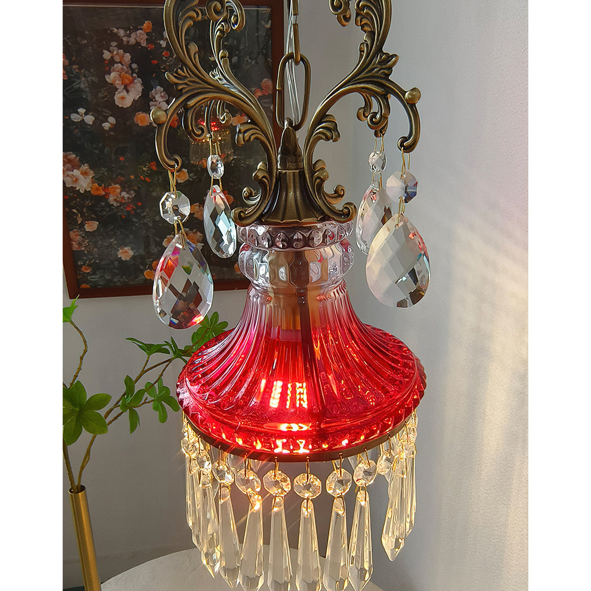 Marquise Crystal Wall Lamp - Vintage Parisian Brass & Ruby Glass Sconce