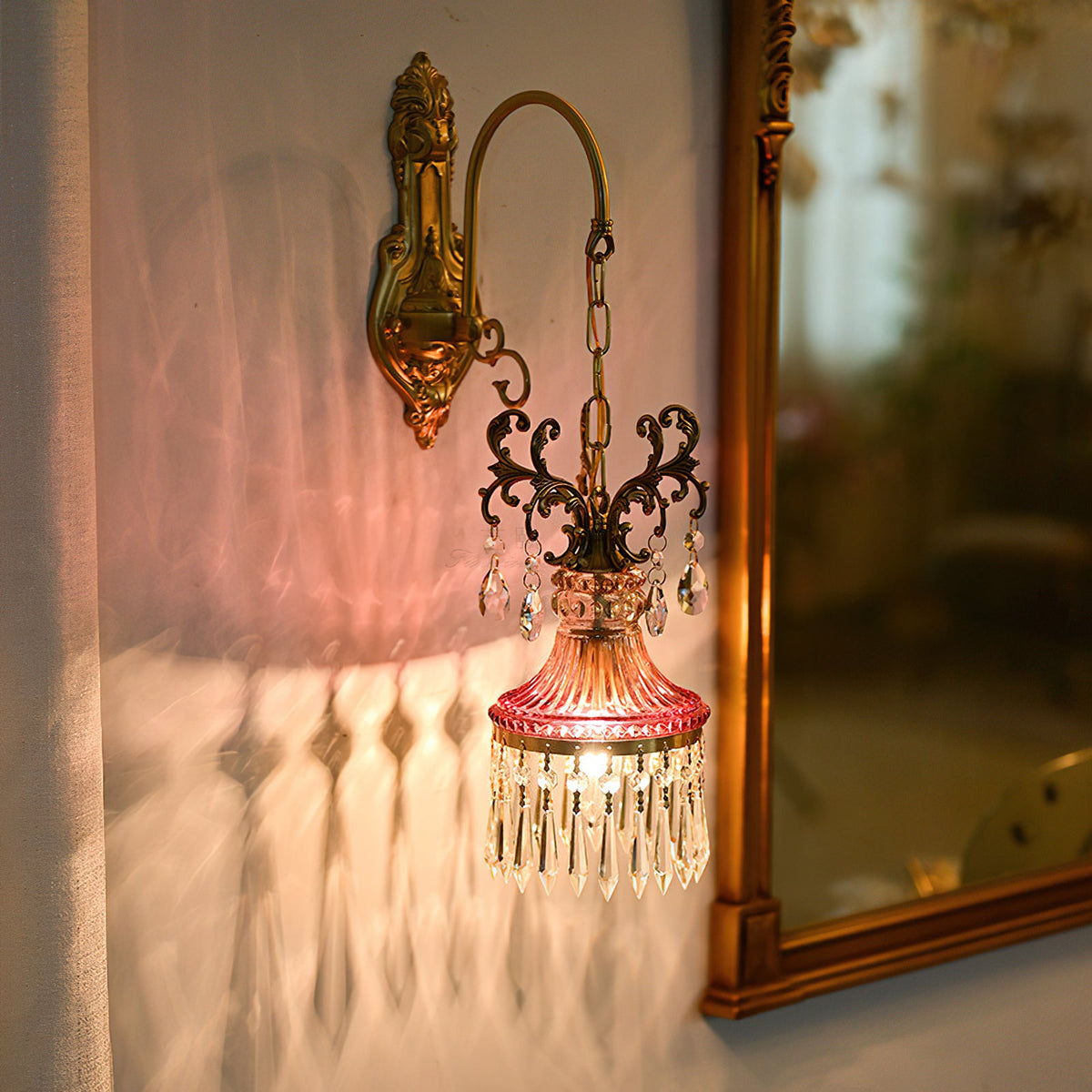 Marquise Crystal Wall Lamp - Vintage Parisian Brass & Ruby Glass Sconce