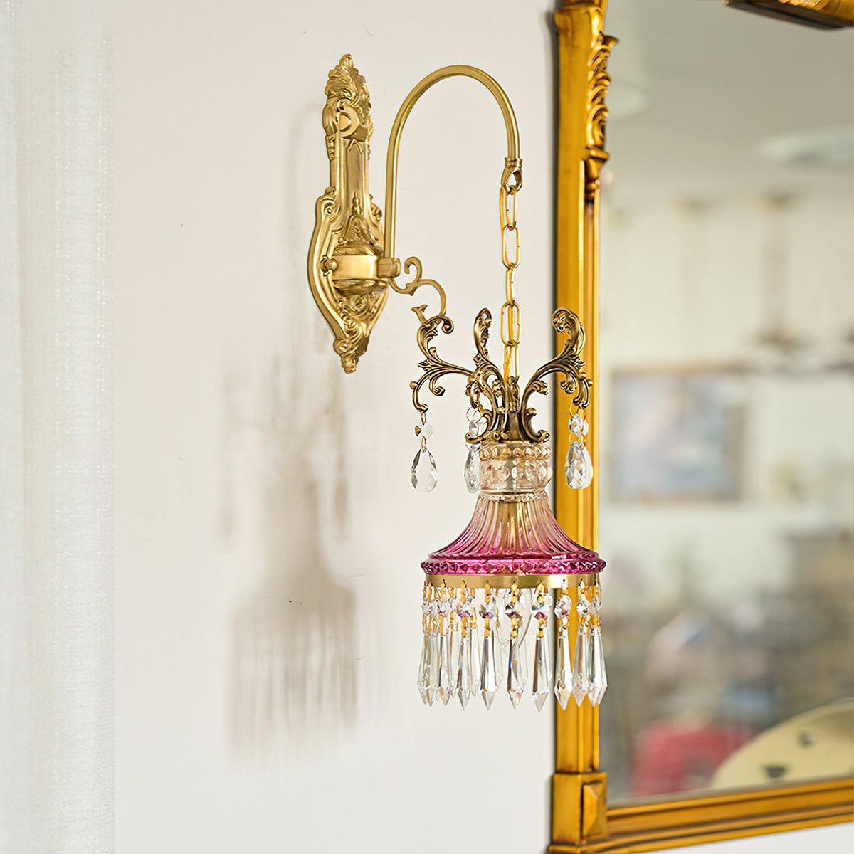 Marquise Crystal Wall Lamp - Vintage Parisian Brass & Ruby Glass Sconce