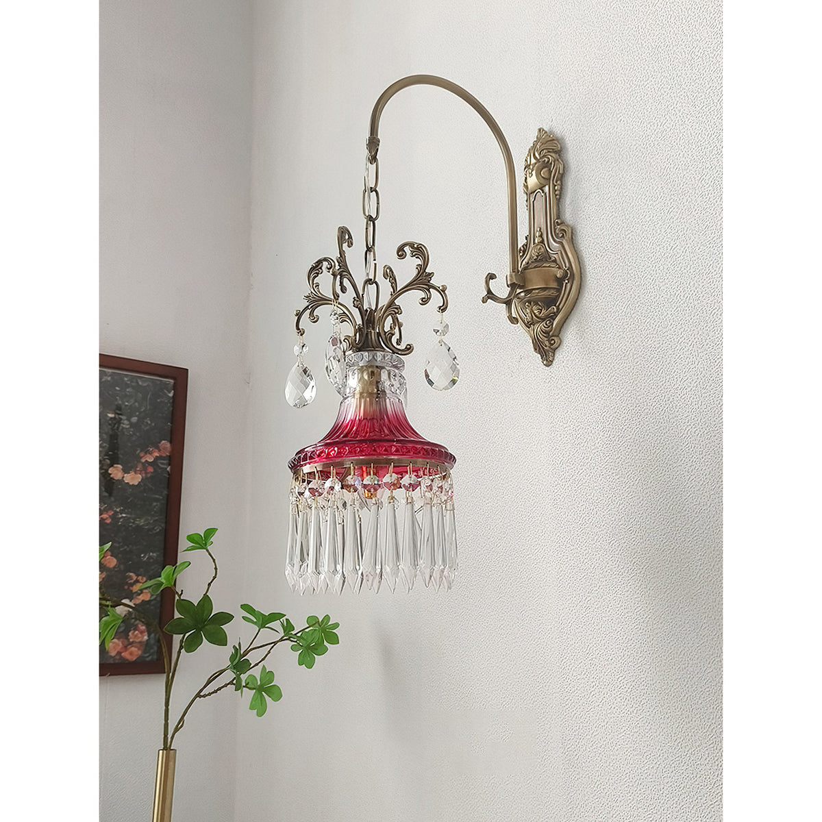 Marquise Crystal Wall Lamp - Vintage Parisian Brass & Ruby Glass Sconce