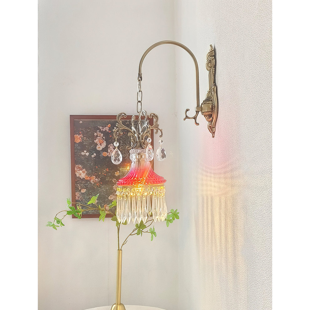 Marquise Crystal Wall Lamp - Vintage Parisian Brass & Ruby Glass Sconce