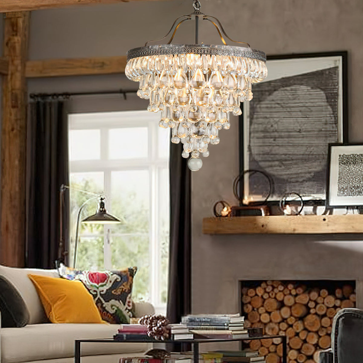 Crystal Inverted Pyramid Chandelier – Ancient Silver Tiered Crystal Pendant Light