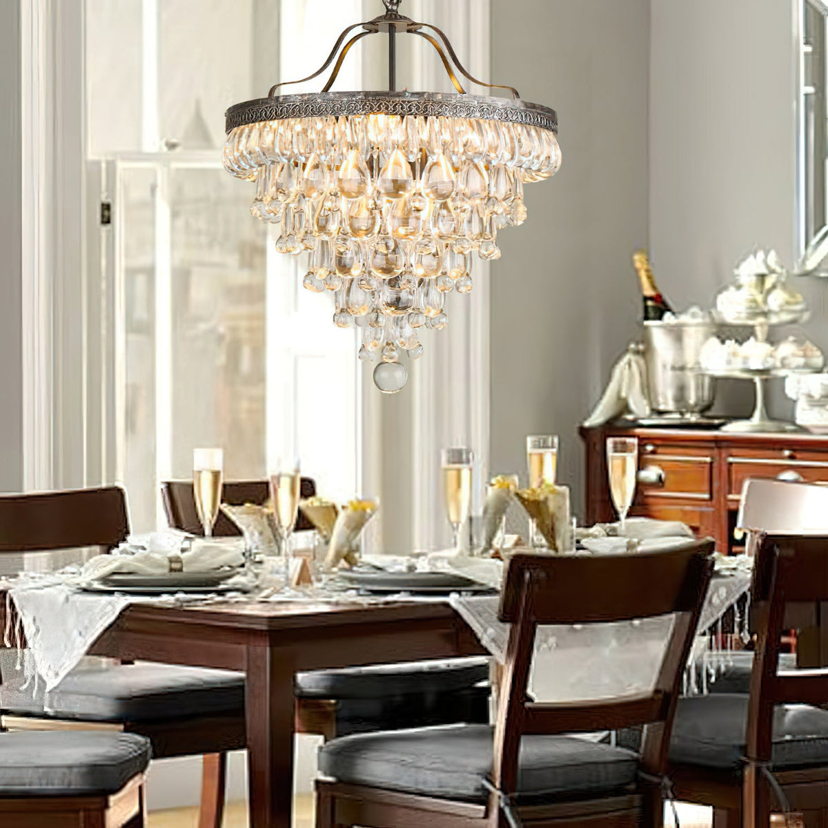 Crystal Inverted Pyramid Chandelier – Ancient Silver Tiered Crystal Pendant Light