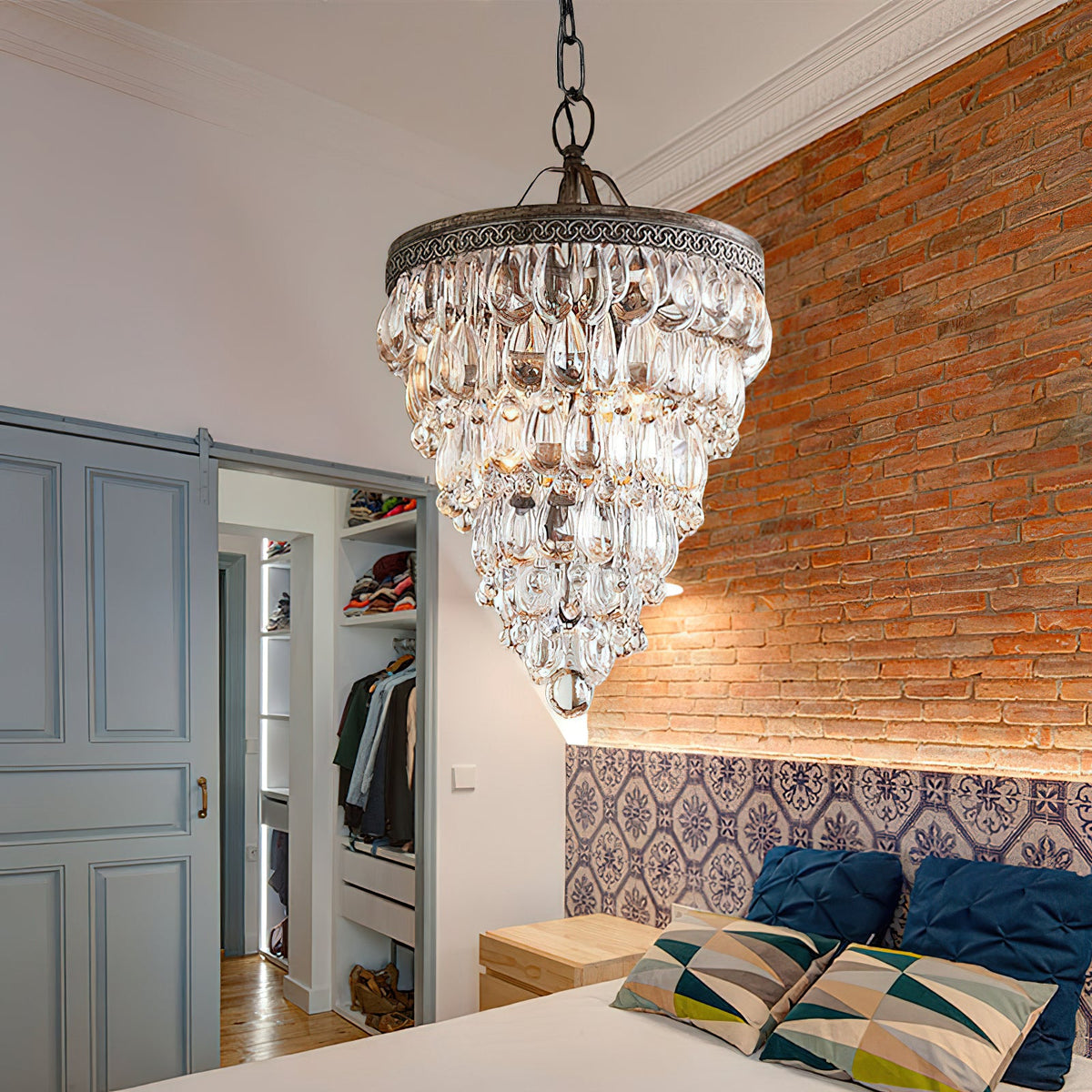 Crystal Inverted Pyramid Chandelier – Ancient Silver Tiered Crystal Pendant Light